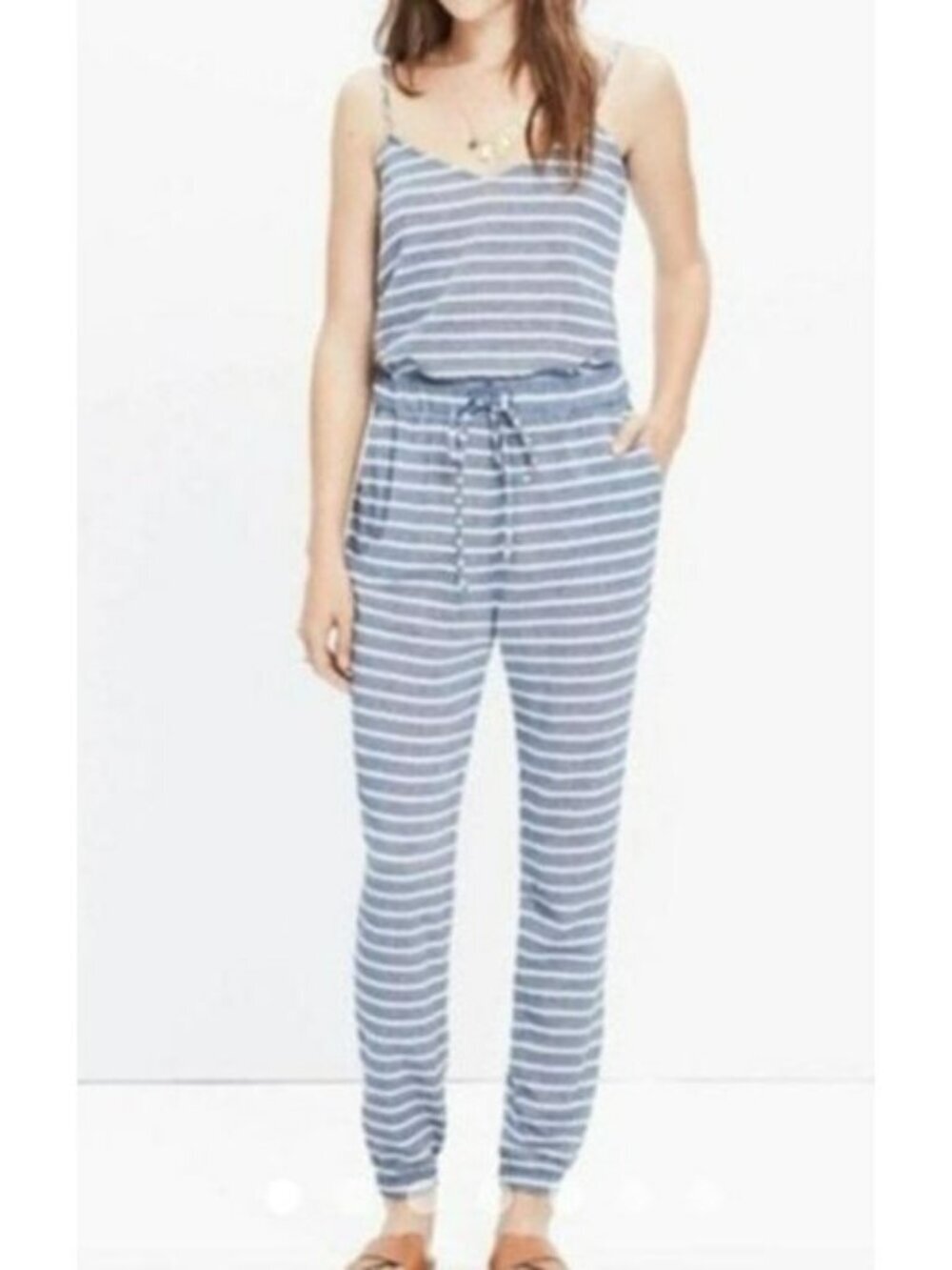 Madewell Striped Sleeveless Jumpsuit Adjustable Drawstring Waist Size M